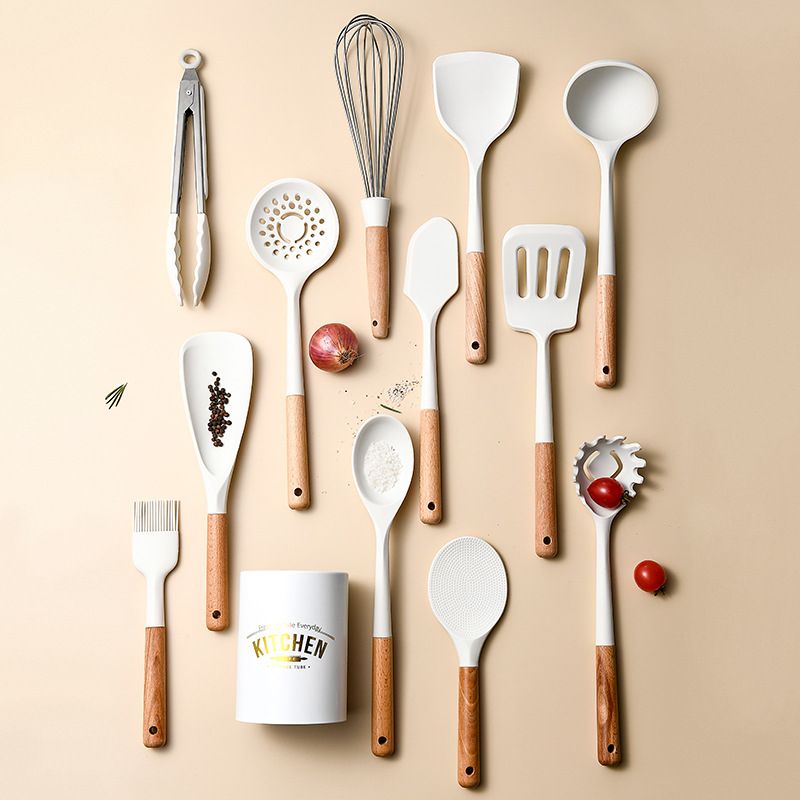 White Silicone Utensils Set, 12pcs Kitchen Gadgets Cooking Utensils Set, Non-stick Heat Resistant with Wooden Handle, Silicone Spatula Turner Cookware with Holder for Cooking Baking