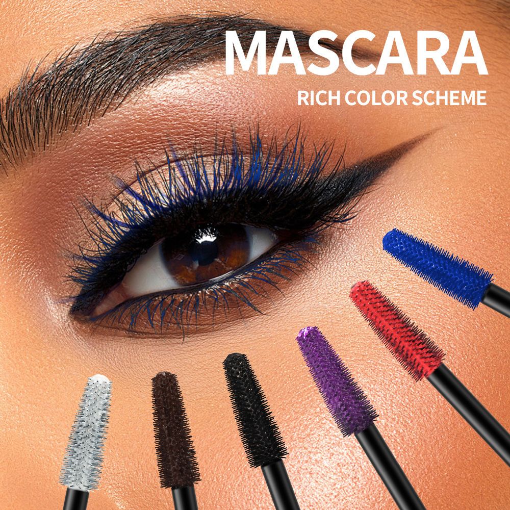 Six colors: black, white, blue, red, purple, brown. This mascara is thick, long-lasting, waterproof and does not smudge.