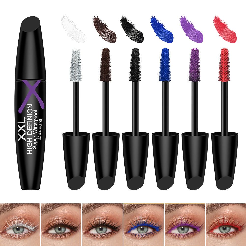 Six colors: black, white, blue, red, purple, brown. This mascara is thick, long-lasting, waterproof and does not smudge.
