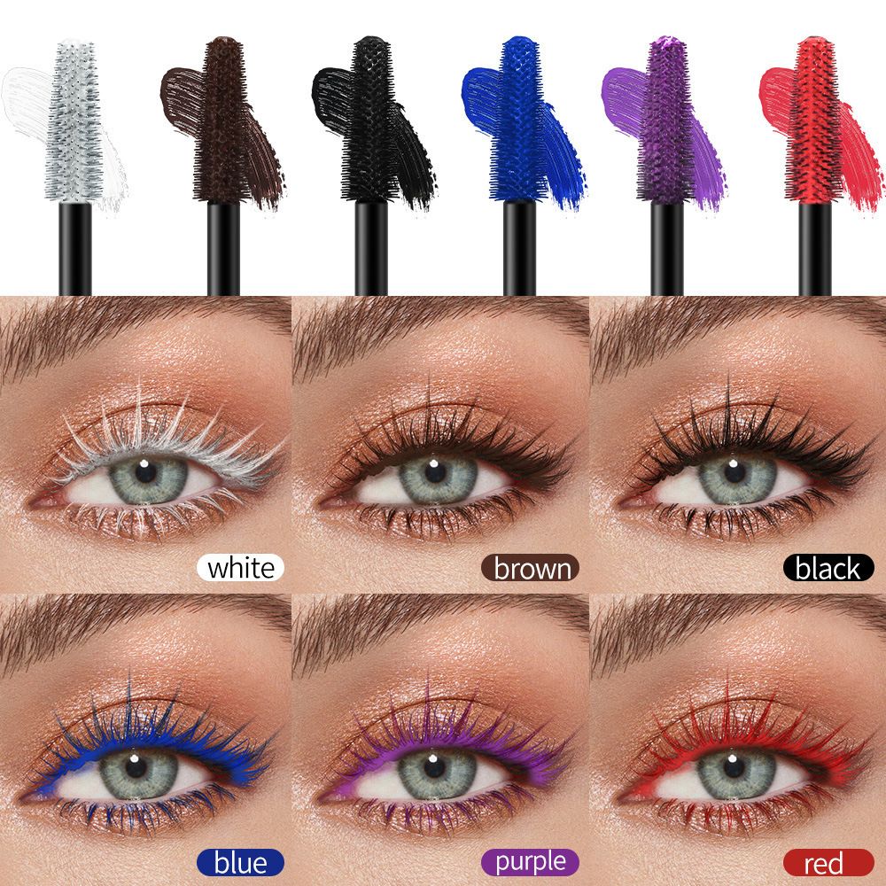 Six colors: black, white, blue, red, purple, brown. This mascara is thick, long-lasting, waterproof and does not smudge.
