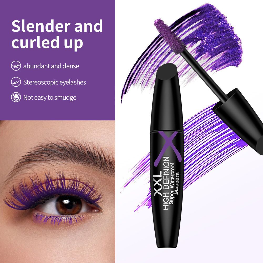 Six colors: black, white, blue, red, purple, brown. This mascara is thick, long-lasting, waterproof and does not smudge.