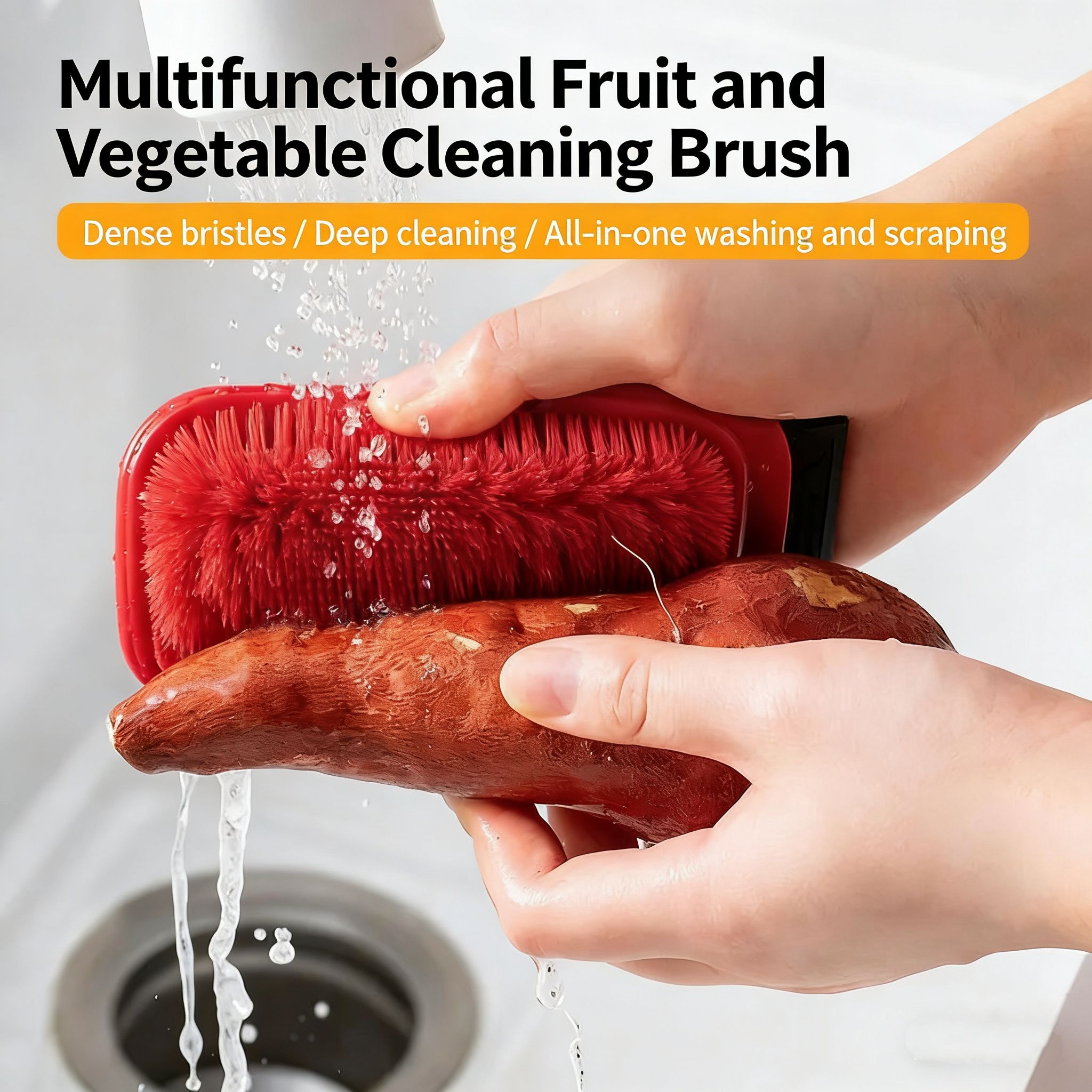 Kitchen fruit and vegetable cleaning brush - vegetable and fruit scrubber with flexible multi-functional sink edge and chopping board brush for cleaning gaps.