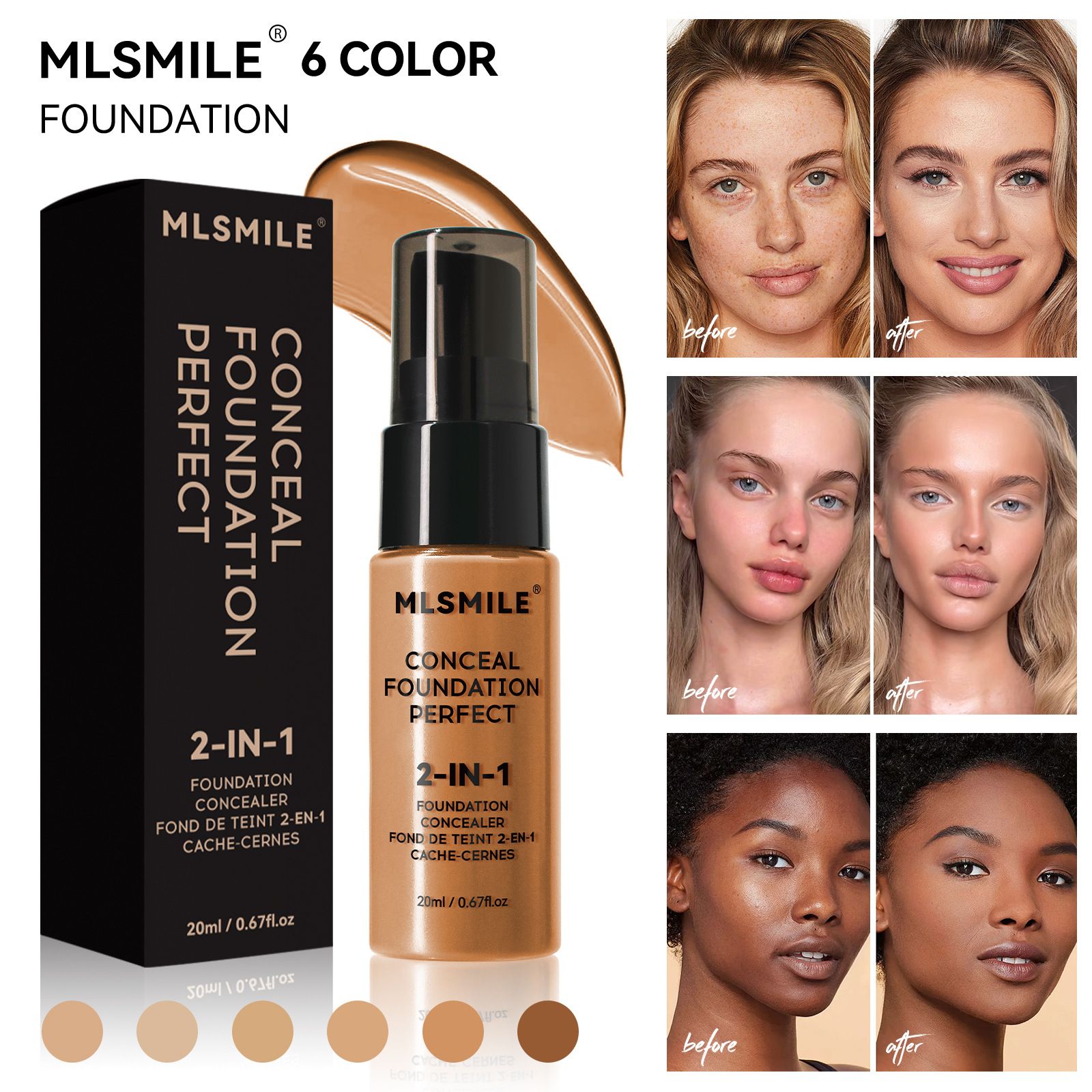 MLSMILE 6-Color Foundation - Long-lasting, Waterproof, Sweatproof, Easy-to-apply, Oil-controlling, Concealing Foundation