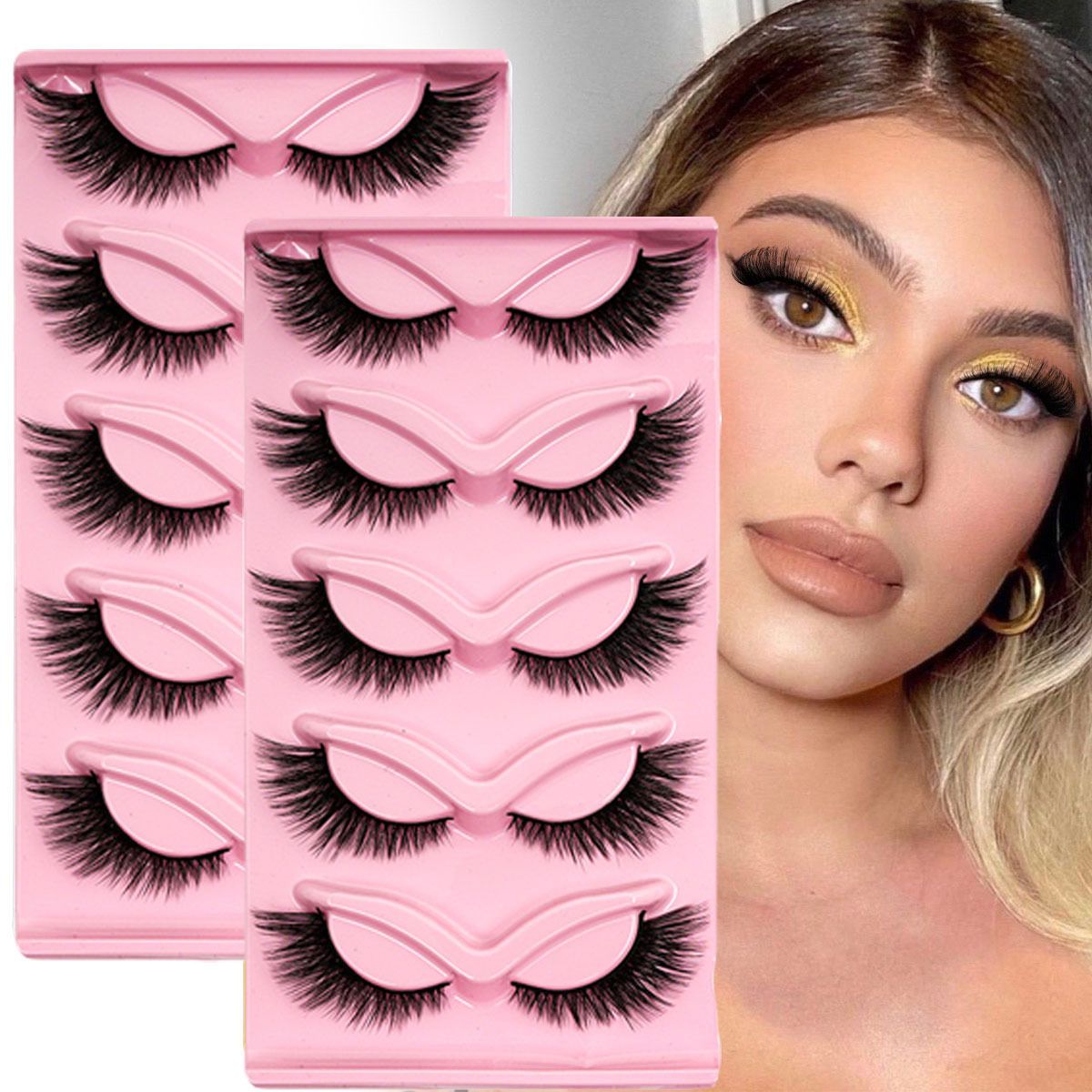 European and American style 5-pack fox-style slanted false eyelashes, natural style, one-piece black cat-eye false eyelashes