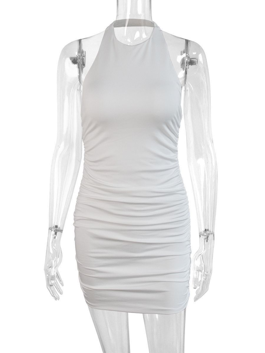 New sleeveless backless dress with round neck for women, European and American style, sexy halter pleated fitted mini dress