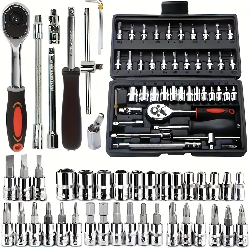 [New chrome-plated high-strength steel] 46-piece automotive repair tool set, 1/4-inch ratchet wrench set - Multi-functional socket wrench set and extension rods - Suitable for automotive, motorcycle