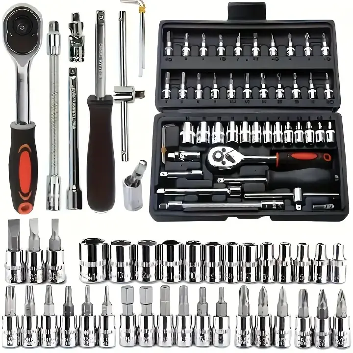 [New chrome-plated high-strength steel] 46-piece automotive repair tool set, 1/4-inch ratchet wrench set - Multi-functional socket wrench set and extension rods - Suitable for automotive, motorcycle