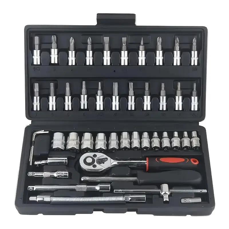 [New chrome-plated high-strength steel] 46-piece automotive repair tool set, 1/4-inch ratchet wrench set - Multi-functional socket wrench set and extension rods - Suitable for automotive, motorcycle