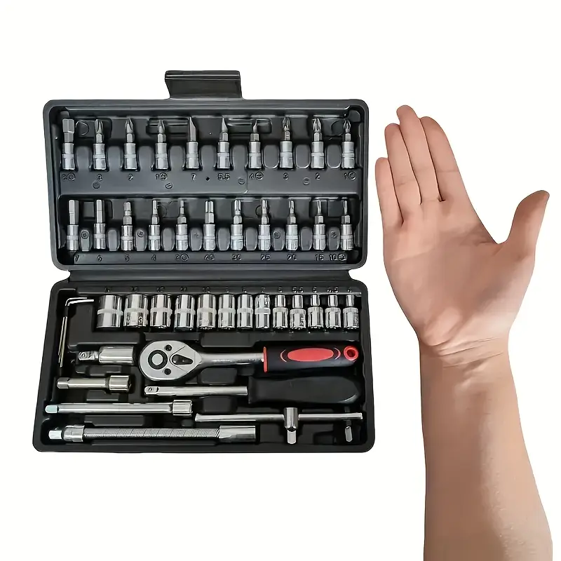 [New chrome-plated high-strength steel] 46-piece automotive repair tool set, 1/4-inch ratchet wrench set - Multi-functional socket wrench set and extension rods - Suitable for automotive, motorcycle