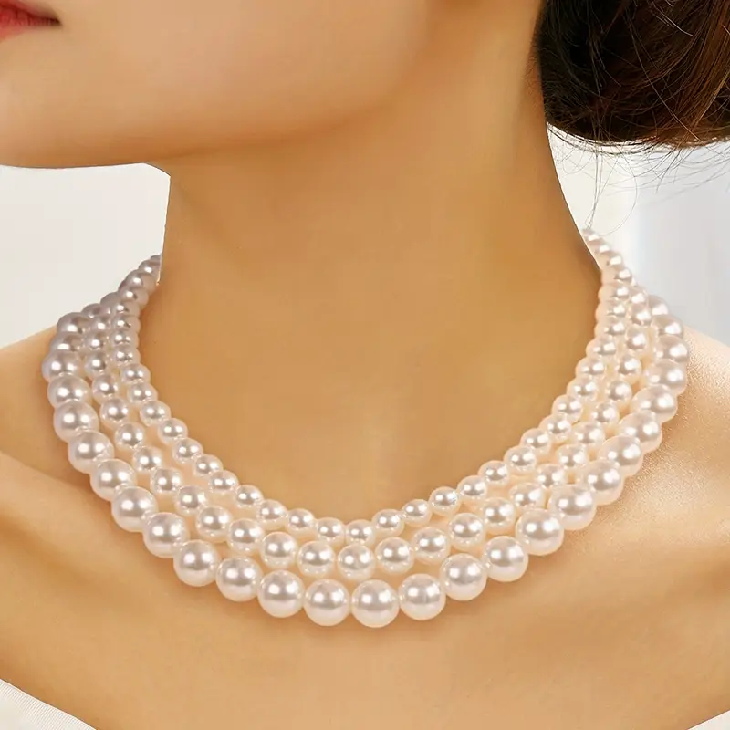 Triple Strand Acrylic Pearls Vintage Style Layered Choker Pearl Necklace for Women No Plating, Ideal for Daily Wear  Parties, Mardi Gras Accessory