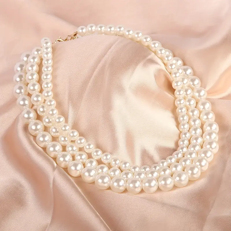 Triple Strand Acrylic Pearls Vintage Style Layered Choker Pearl Necklace for Women No Plating, Ideal for Daily Wear  Parties, Mardi Gras Accessory