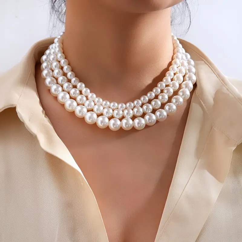 Triple Strand Acrylic Pearls Vintage Style Layered Choker Pearl Necklace for Women No Plating, Ideal for Daily Wear  Parties, Mardi Gras Accessory
