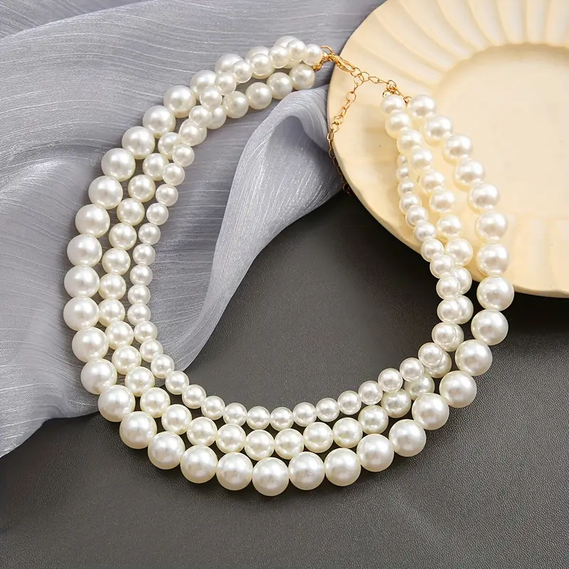 Triple Strand Acrylic Pearls Vintage Style Layered Choker Pearl Necklace for Women No Plating, Ideal for Daily Wear  Parties, Mardi Gras Accessory