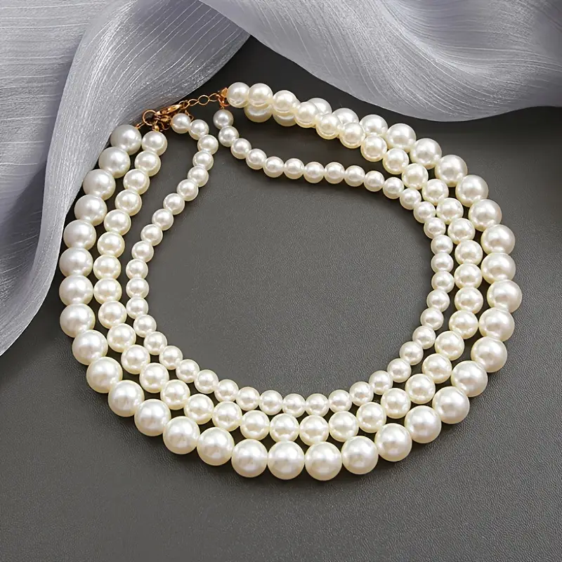 Triple Strand Acrylic Pearls Vintage Style Layered Choker Pearl Necklace for Women No Plating, Ideal for Daily Wear  Parties, Mardi Gras Accessory