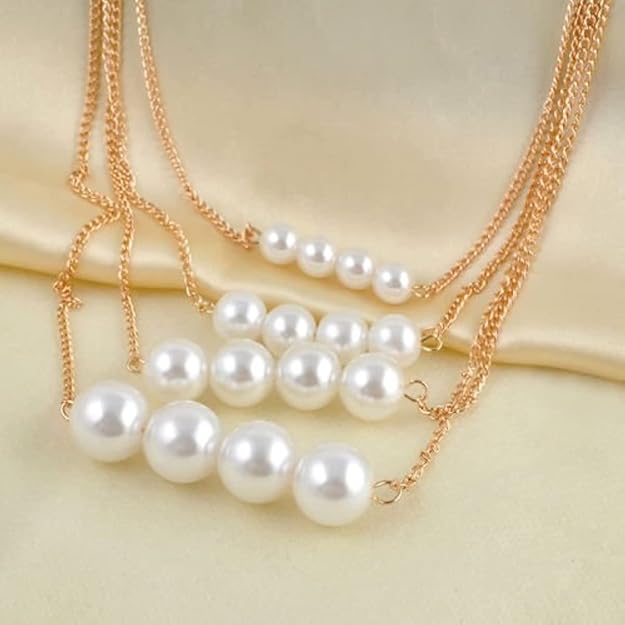 Ladies Fashion 4 Triple Strand  Pearl Necklaces For Women Multi-layer Large And Small Pearl Necklace Choker Jewelry Good Luste Anniversary Wife