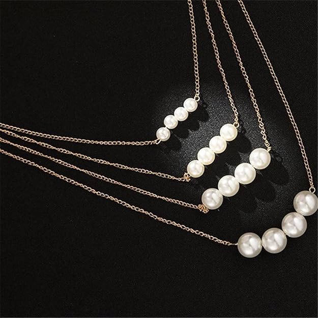 Ladies Fashion 4 Triple Strand  Pearl Necklaces For Women Multi-layer Large And Small Pearl Necklace Choker Jewelry Good Luste Anniversary Wife