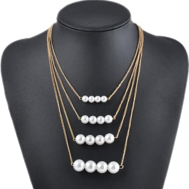 Ladies Fashion 4 Triple Strand  Pearl Necklaces For Women Multi-layer Large And Small Pearl Necklace Choker Jewelry Good Luste Anniversary Wife