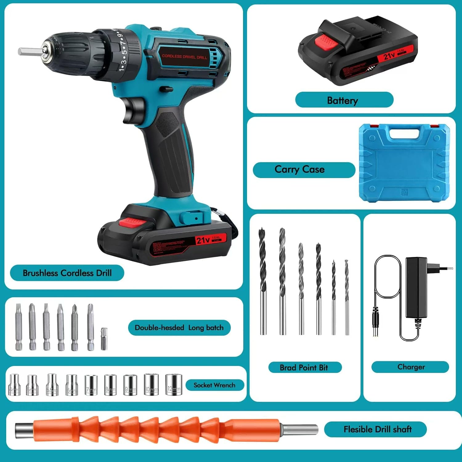 Cordless Drill Driver,24Pcs Electric Screwdriver Set,48Vf Power Drills Cordless with 2000mAh Battery,45Nm Max Hammer Drill,Electric Power Drill Driver for Home and Garden DIY Projects