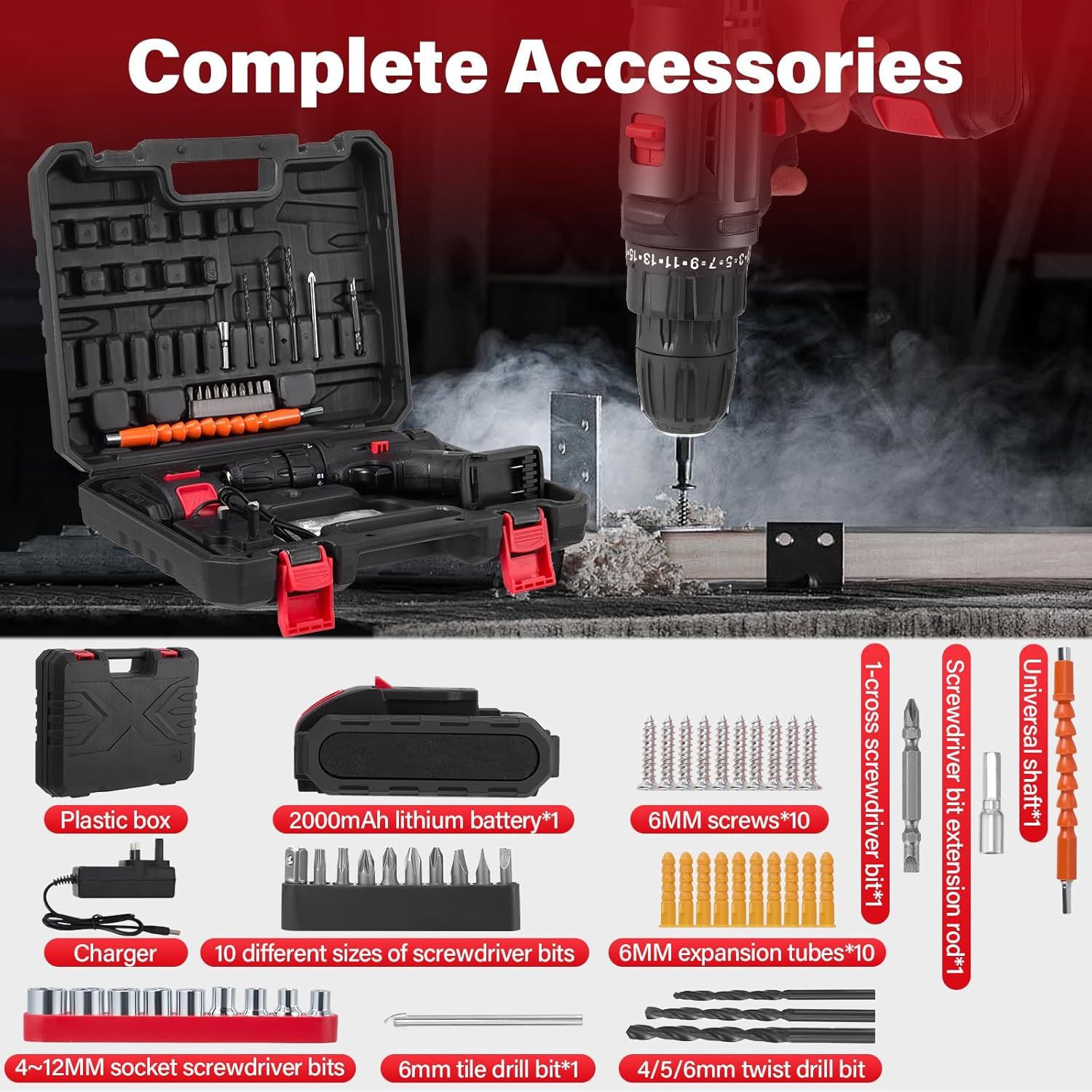 Wireless electric drill, impact drill, portable heavy-duty model, 32-piece drill bit set, 2 batteries, with box of screwdrivers