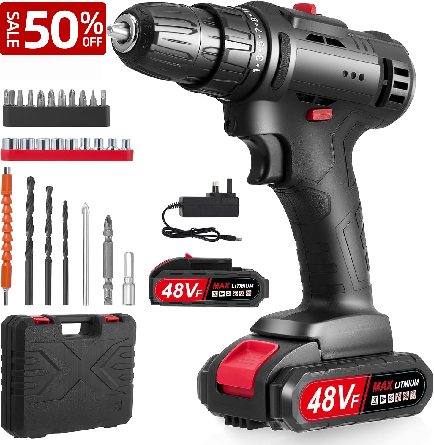 Wireless electric drill, impact drill, portable heavy-duty model, 32-piece drill bit set, 2 batteries, with box of screwdrivers