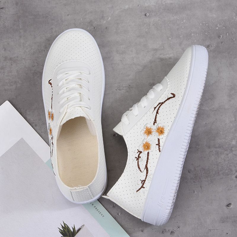 Breathable Perforated Mesh Women's White Sneakers - Spring Summer Leather Casual Shoes with Ultra Soft Anti-Slip Sole