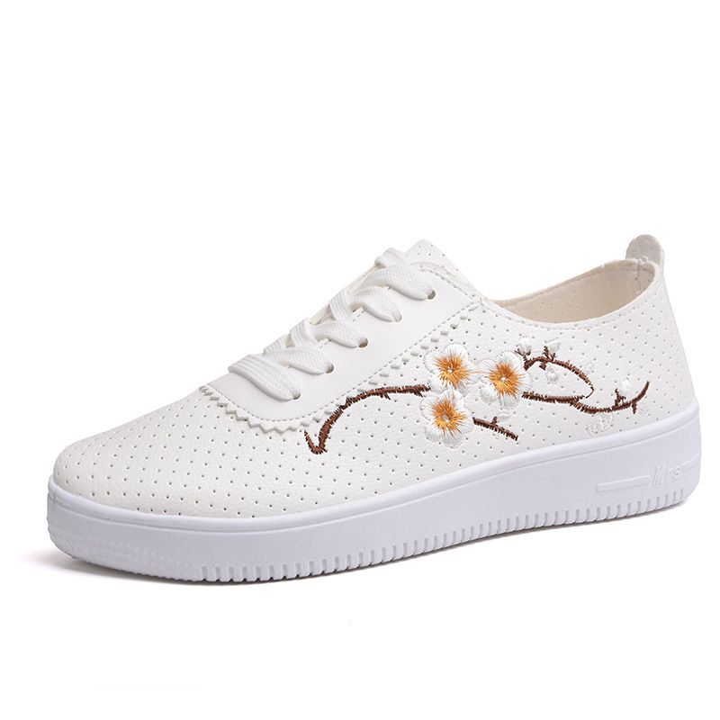 Breathable Perforated Mesh Women's White Sneakers - Spring Summer Leather Casual Shoes with Ultra Soft Anti-Slip Sole