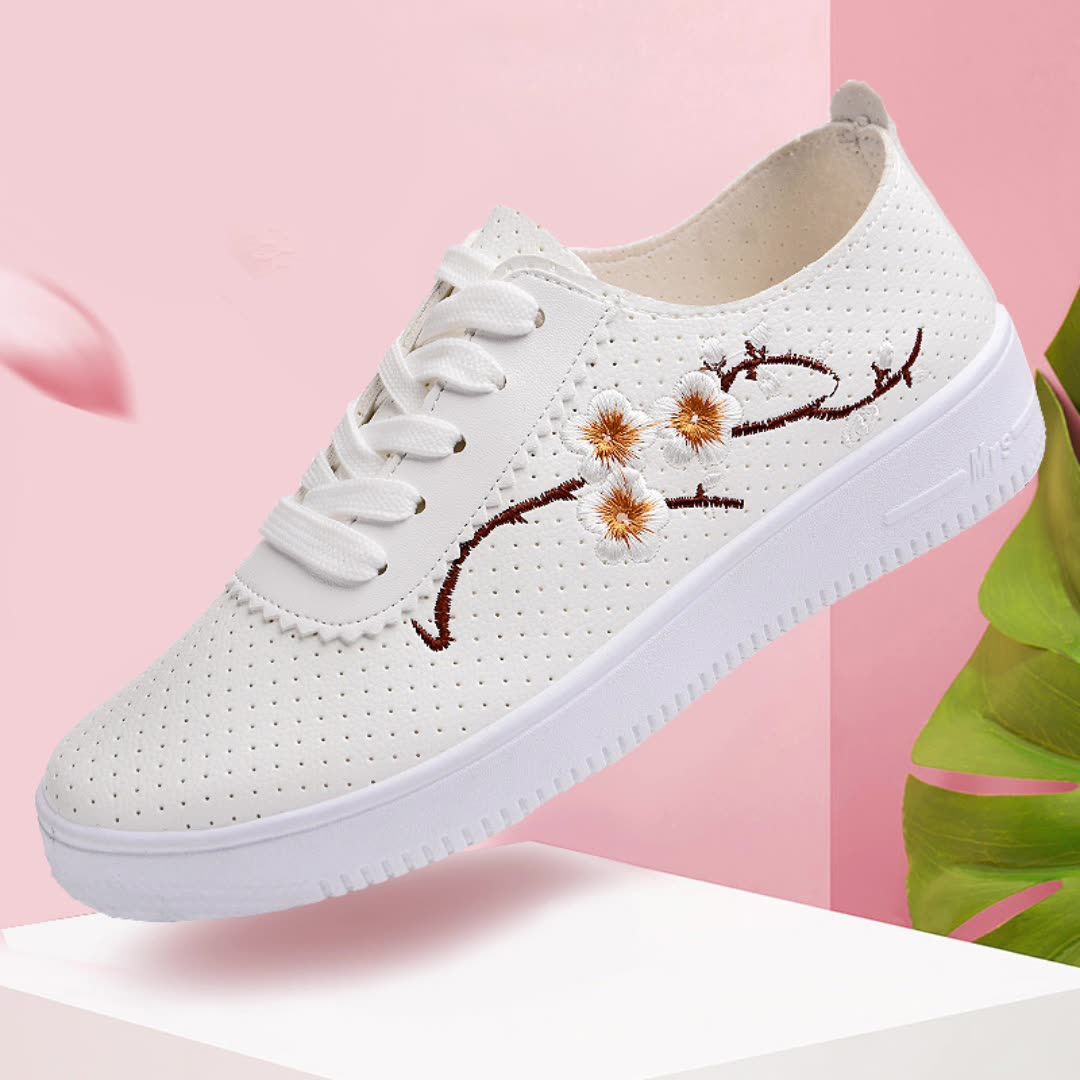 Breathable Perforated Mesh Women's White Sneakers - Spring Summer Leather Casual Shoes with Ultra Soft Anti-Slip Sole