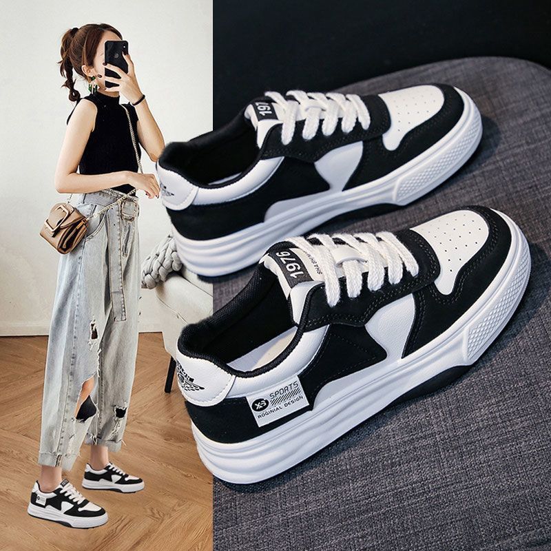 2025 Trendy Women's Black Breathable PU and Canvas Sneakers  Insta Fashion Ladies shoes