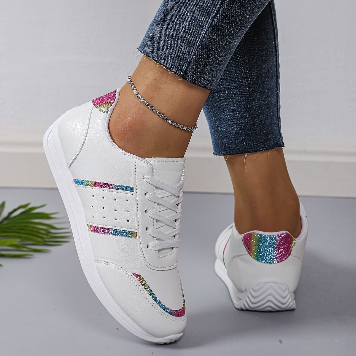 New Women's Thin Strap Soft Sole Running Sneakers  Flat White Casual Shoes