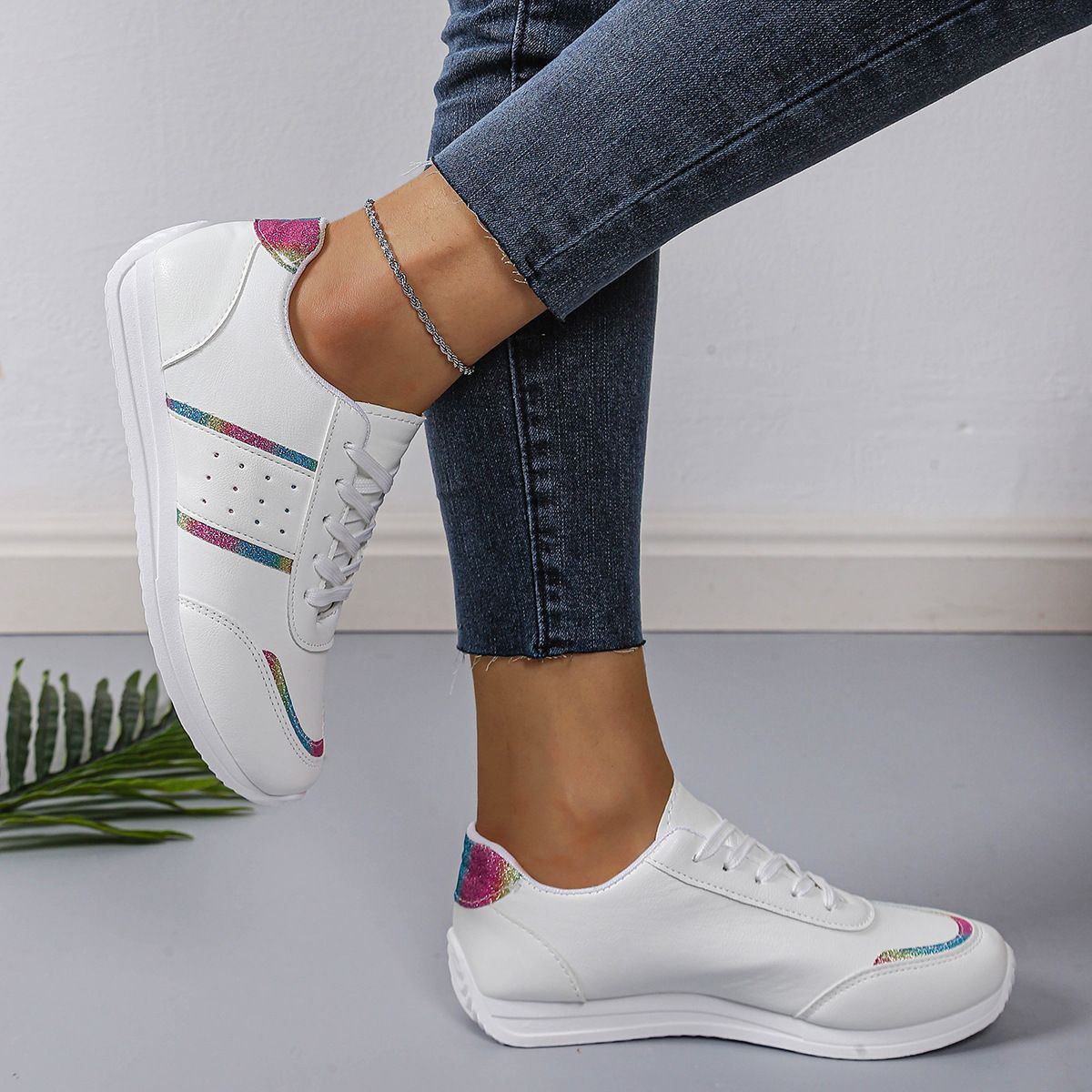 New Women's Thin Strap Soft Sole Running Sneakers  Flat White Casual Shoes