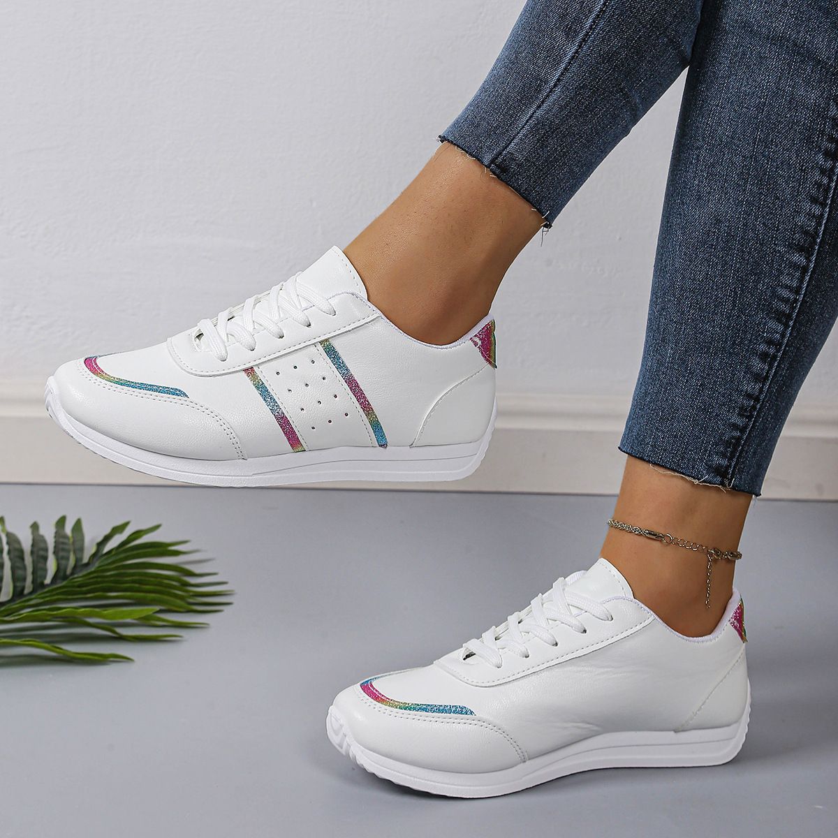 New Women's Thin Strap Soft Sole Running Sneakers  Flat White Casual Shoes