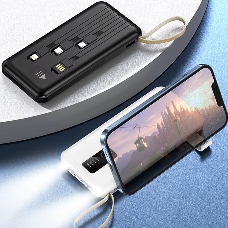 Bensoo Power Banks Built in 4 Cables 10000mAh Portable Power bank Comfortable Handshake 4-wire Led Display Powerbank Fast Charge Dual Output Ports  Mobile phone  smartphone Power Bank
