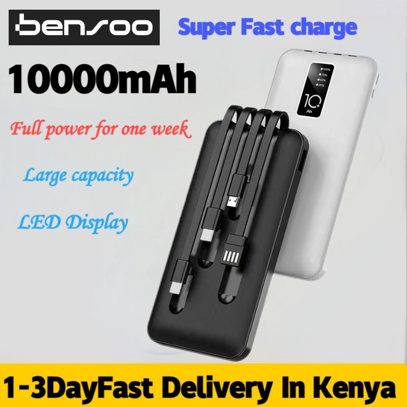Bensoo Power Banks Built in 4 Cables 10000mAh Portable Power bank Comfortable Handshake 4-wire Led Display Powerbank Fast Charge Dual Output Ports  Mobile phone  smartphone Power Bank