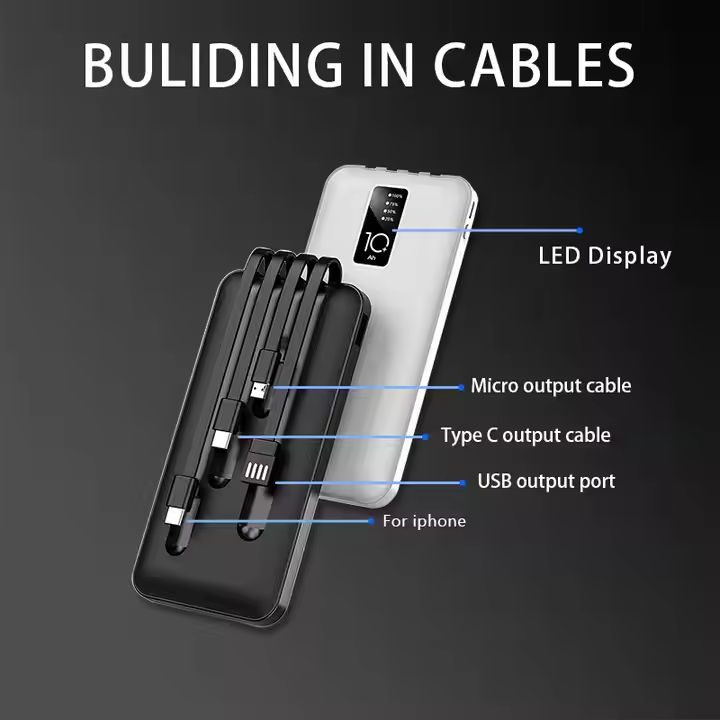 Bensoo Power Banks Built in 4 Cables 10000mAh Portable Power bank Comfortable Handshake 4-wire Led Display Powerbank Fast Charge Dual Output Ports  Mobile phone  smartphone Power Bank