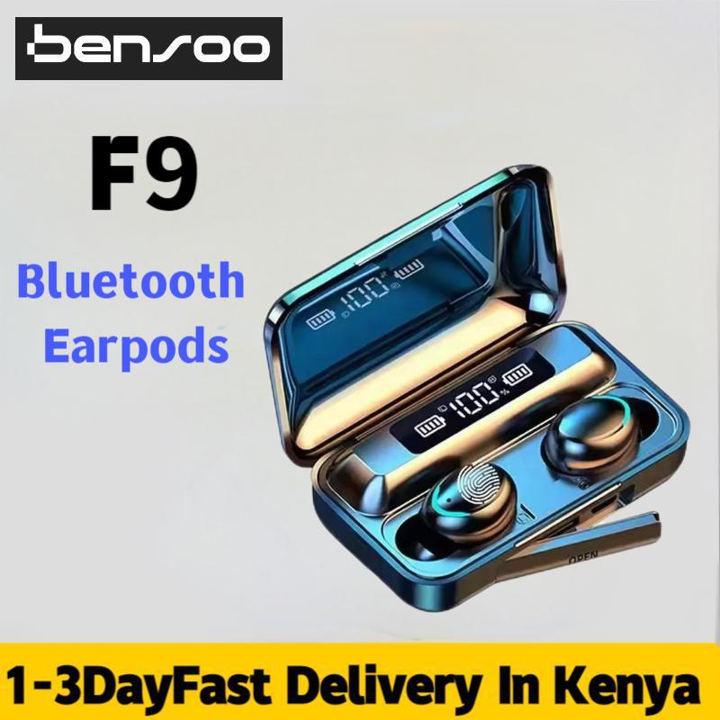 New Arrivals Bensoo F9 TWS Bluetooth Earpods Earphone Headphones Sport Eraphones Wired Eraphones Erapods Sport Earbuds Ear Headset pods Bluetooth Earphones For All Smartphones Mobile phone Table pro Black