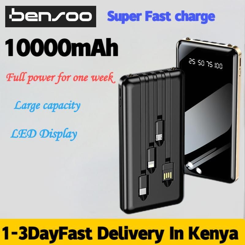 Bensoo 10000mAh Power Banks – High Capacity Portable Charger with LED Display and Fast Charging TypeC Micro USB for All Phone Tabletsl Mobile Phones with Integrated 4-Wire Cable smartphone Power Bank