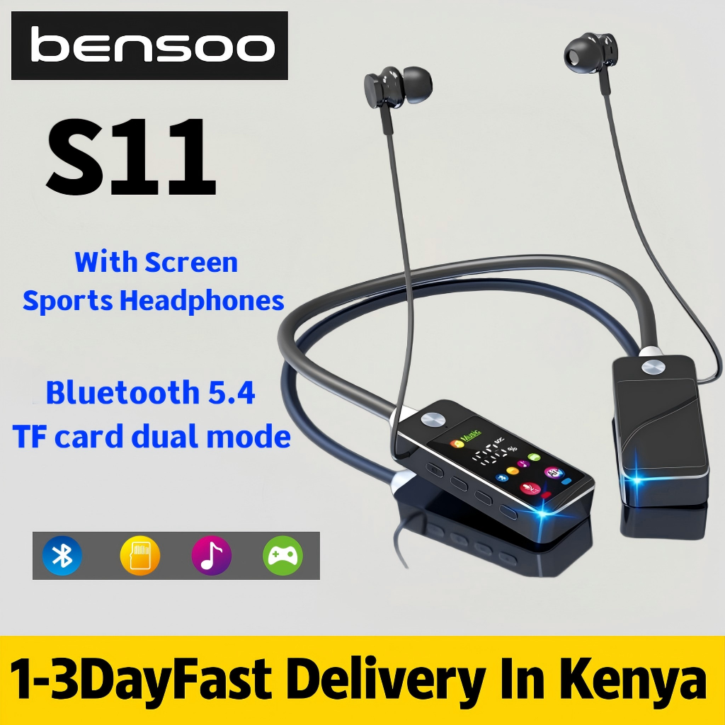 New Arrival Bensoo S11 Neckband Bluetooth Earphones with Screen - Latest Bluetooth 5.4 TF Card Dual Mode Sports Headset - Noise Cancelling Mic K-Song Ear Feedback for All Smartphones in Kenya
