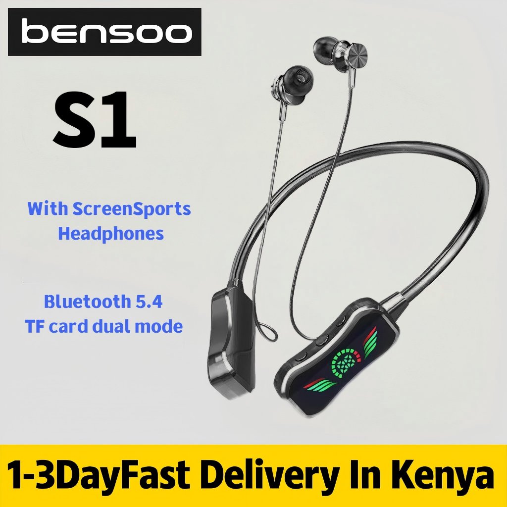 New Arrival Bensoo S1 Neckband Bluetooth Earphones with Screen - Latest Bluetooth 5.4 TF Card Dual Mode Sports Headset - Noise Cancelling Mic K-Song Ear Feedback for All Smartphones in Kenya