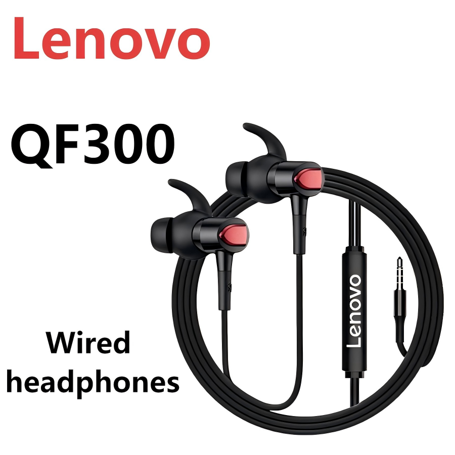 Lenovo QF300 Wired Headphones Earphones Clear Earphones Sound Deep Bass Ergonomic In-Ear Fit Noise Isolation 3.5mm Earplugs Jack Durable Earbuds Comfortable for All Devices