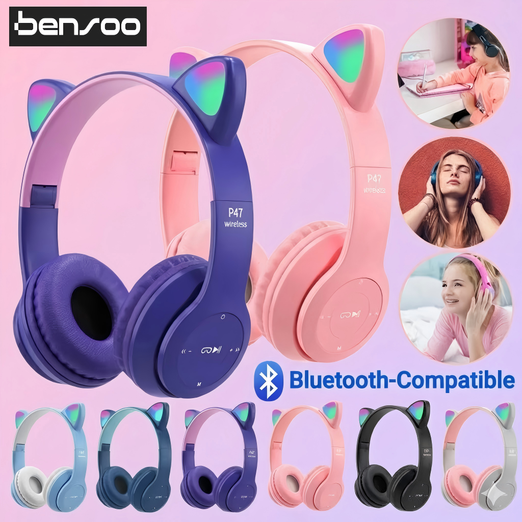New Arrivals Bensoo P47M Cat ears LED Light TWS Bluetooth Earpods Earphone Headphones Sport Eraphones Wired Eraphones Erapods pro Earbuds Ear Headset pods Bluetooth Earphones For All Mobile phone