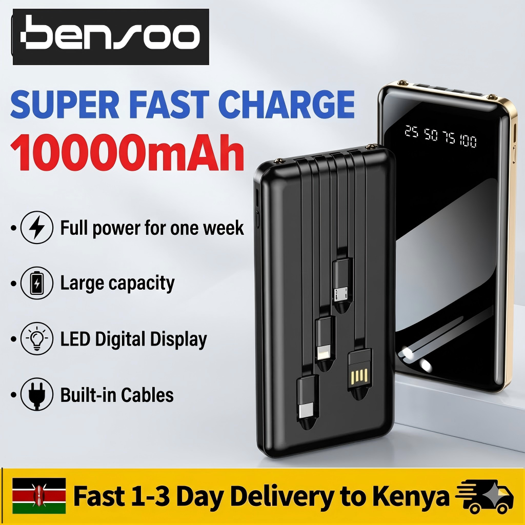 Bensoo 10000mAh Power Banks High Capacity Portable Charger with LED Display and Fast Charging TypeC Micro USB for Phone Tabletsl Mobile Phones with Integrated 4-Wire Cable smartphone Powerbank