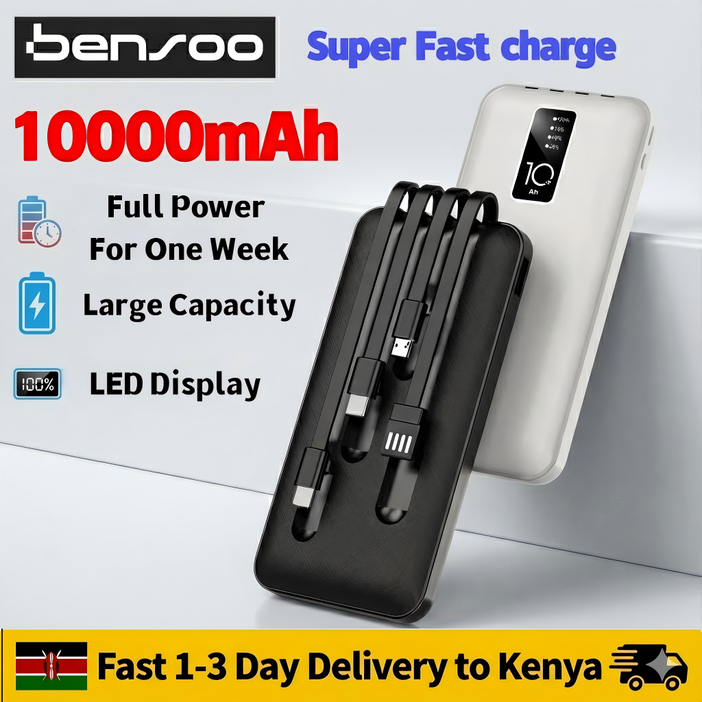 Bensoo Power Banks Built in 4 Cables 10000mAh Portable Power bank Comfortable Handshake 4-wire Led Display Powerbank Fast Charge Dual Output Ports  Mobile phone  smartphone Power Bank