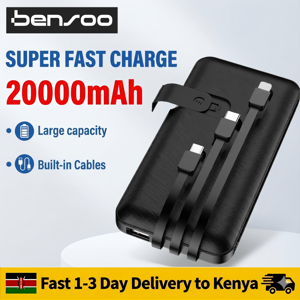 New Arrival Bensoo Power Bank 20000mAh / 10000mAh Built-in 3 Cables Portable Charger with Phone Holder Function - Fast Charge Powerbank for iPhone Android Samsung Tecno Tablet Smartphone - Black