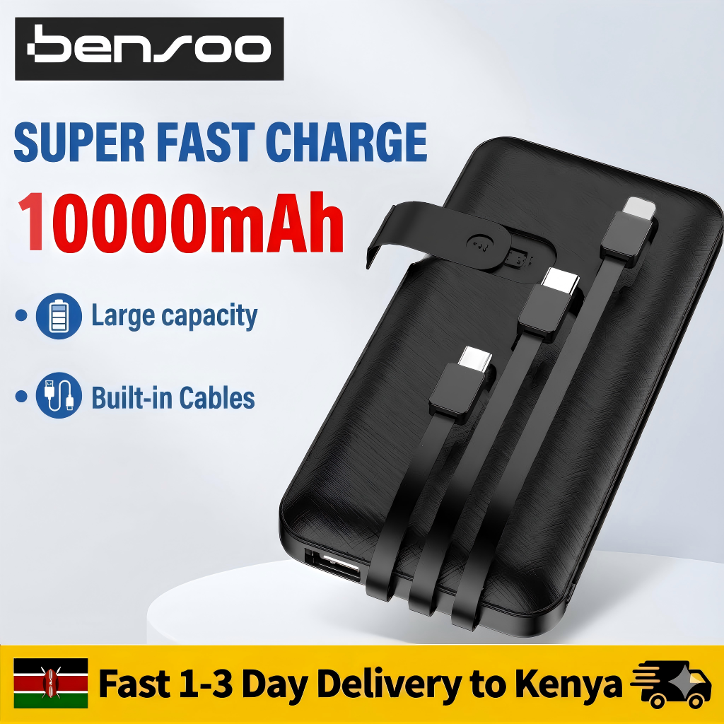 New Arrival Bensoo Power Bank 20000mAh / 10000mAh Built-in 3 Cables Portable Charger with Phone Holder Function - Fast Charge Powerbank for iPhone Android Samsung Tecno Tablet Smartphone - Black