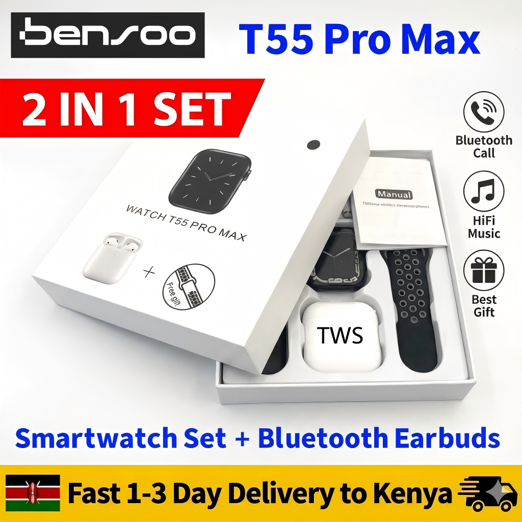 New Arrivals Bensoo T55 Pro Max 2 in 1 Smart Watch Set + Bluetooth Headset SmartWatches Sport Eraphones Earpods Ear for Android Mobile Phone Earbuds pods Bluetooth Earpods Smart Watches Mobile Phones