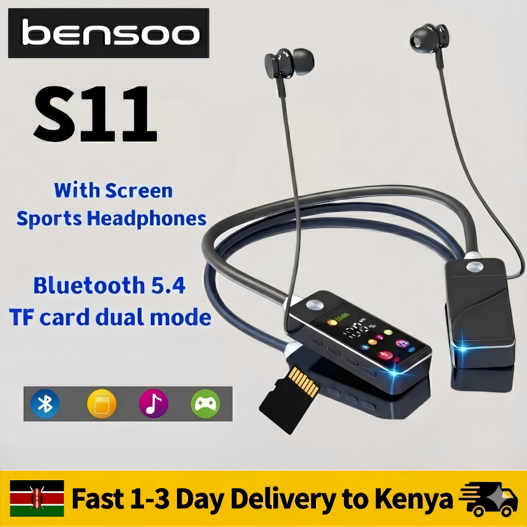 New Arrival Bensoo S11 Neckband Bluetooth Earphones with Screen - Latest Bluetooth 5.4 TF Card Dual Mode Sports Headset - Noise Cancelling Mic K-Song Ear Feedback for All Smartphones in Kenya