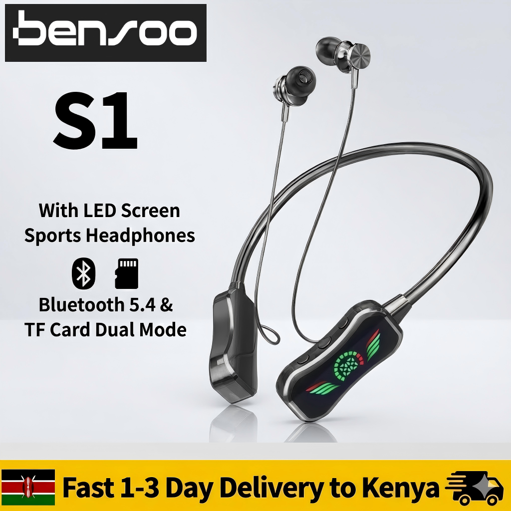 New Arrival Bensoo S1 Neckband Bluetooth Earphones with Screen - Latest Bluetooth 5.4 TF Card Dual Mode Sports Headset - Noise Cancelling Mic K-Song Ear Feedback for All Smartphones in Kenya