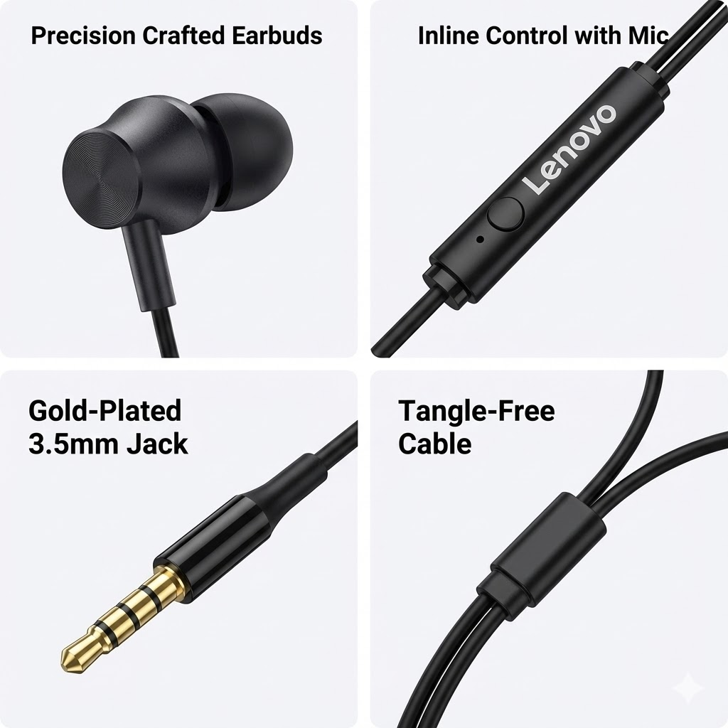 New Arrivals Lenovo QF320 Wired Earphones Headphones Clear Earpods Sound Deep Bass Ergonomic In-Ear Fit Noise Isolation 3.5mm Earplugs Jack Durable Earbuds Comfortable Headset For All Mobile Phones