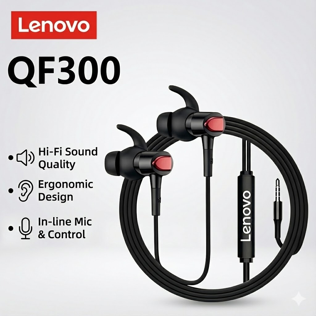 New Arrivals Lenovo QF300 Wired Earphones Headphones Clear Earpods Sound Deep Bass Ergonomic In-Ear Fit Noise Isolation 3.5mm Earplugs Jack Durable Earbuds Comfortable Headset For All Mobile Phones