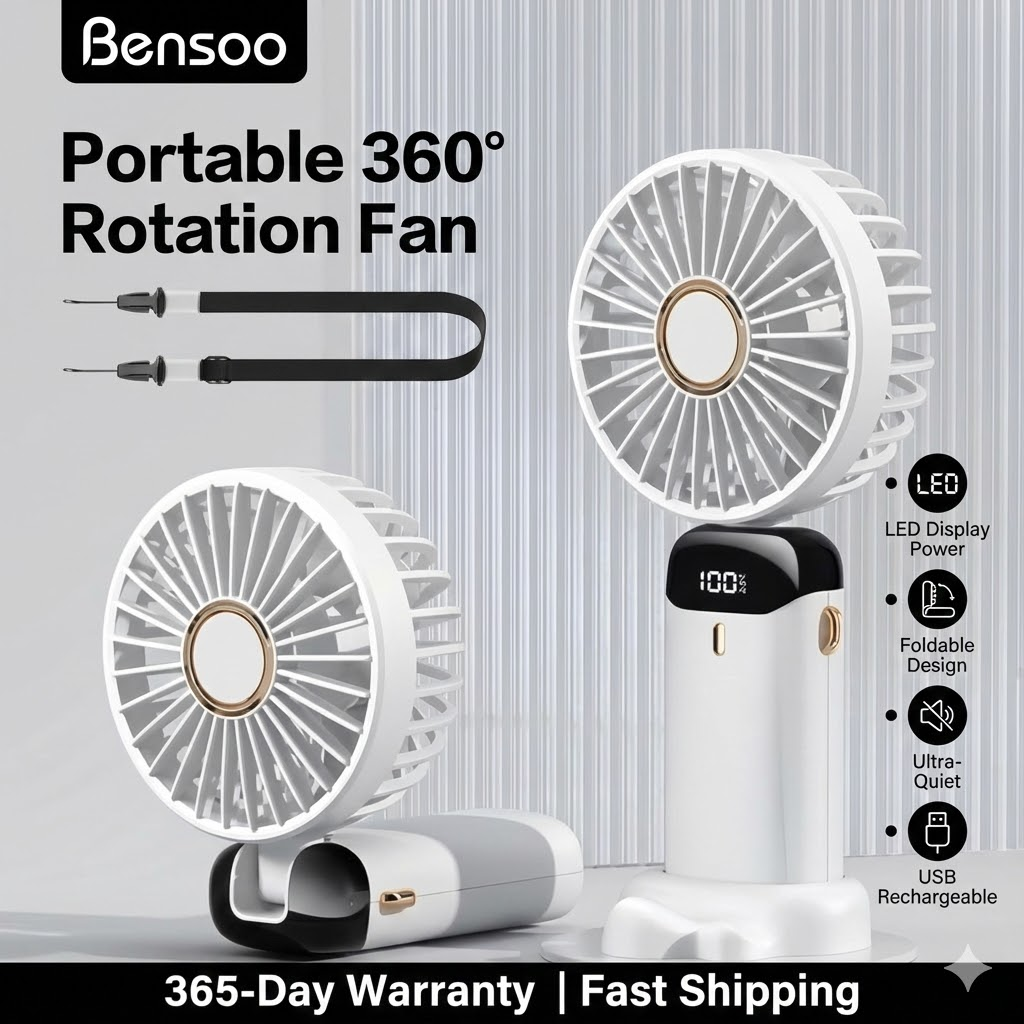 Bensoo N15 Desktop Foldable Real time LED display Small Fan Portable USB Rechargeable Mini Cooling Fan Adjustable Height Quiet Table Fan for Home Office Travel
